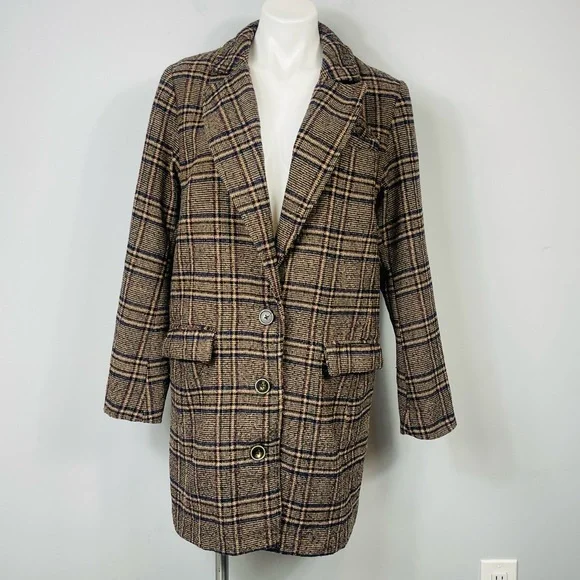 Free People Plaid Wool Blend Tweed Oversized Boxy Coat Overcoat Long Jacket Boho